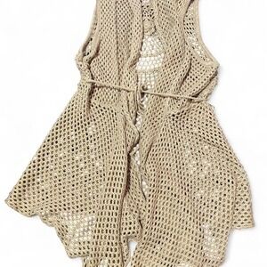 Vintage Bohemian tan brown crochet long vest top - med